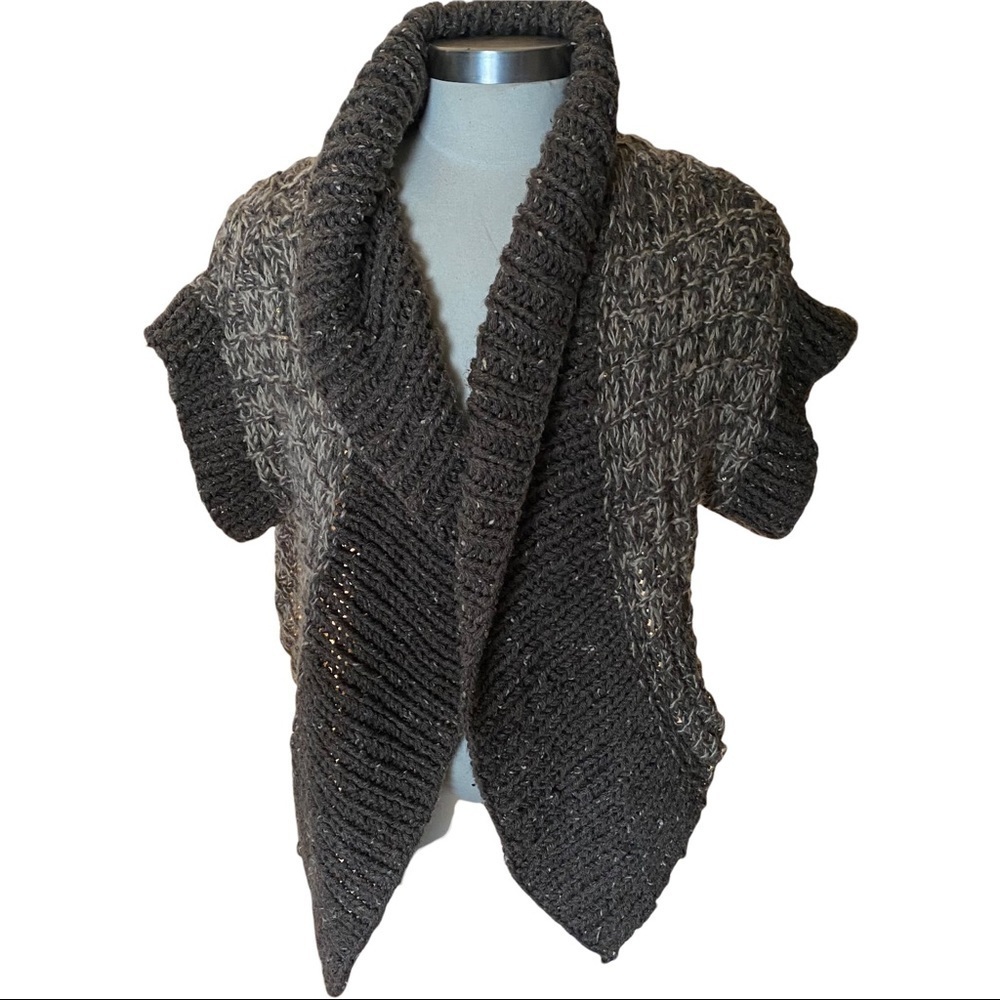 Hand Knit Originals by Lynne Garner Brown Cream Grey Heavy Wrap Sweater 1 Size